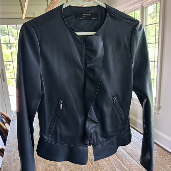 Zara Navy Peplum Vegan Leather Jacket Modern Sleek Design - Picture 1 of 5